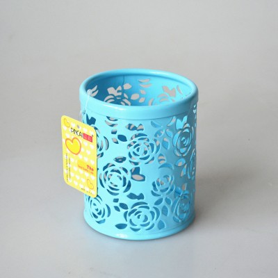 Hollow Rose Flower Pattern Metal Pen Pencil Pot Holder